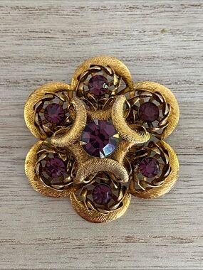 Vintage Beau Jewels Amethyst Rhinestone Flower Brooch | 3-D Tiered 1960s Floral